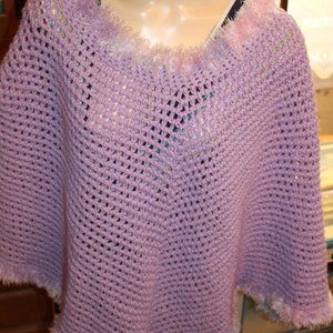 Hand Made Poncho Lavender W/Pastel Fringe Trim Crochet Beautiful OS